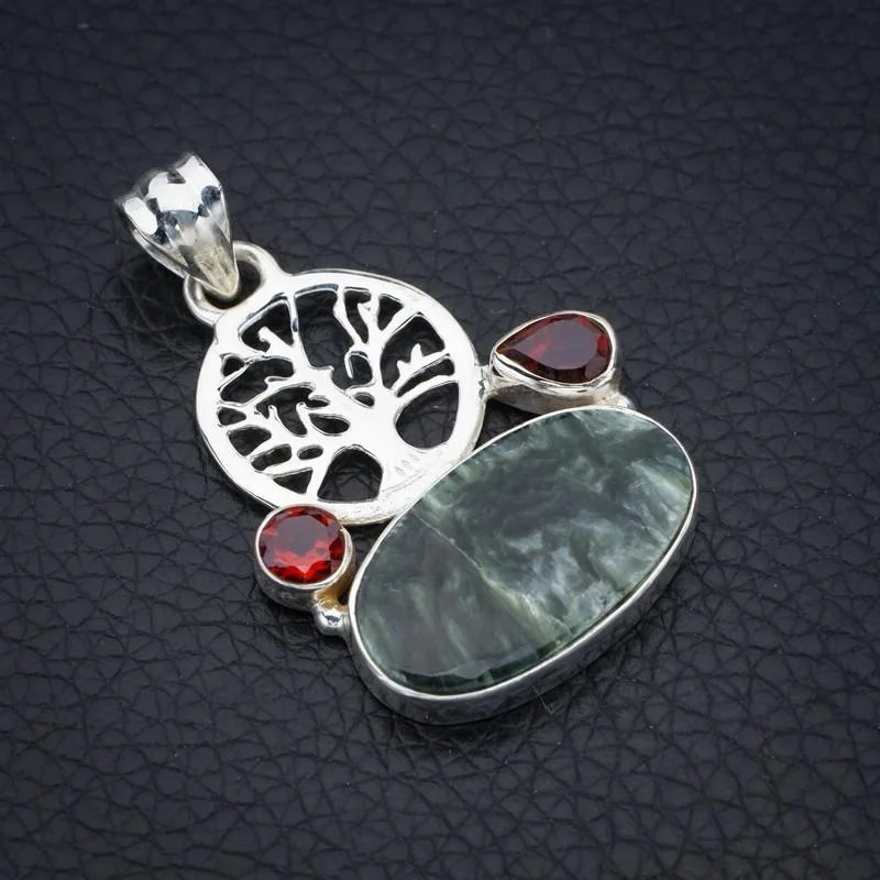 StarGems Seraphinite Garnet TreeHandmade 925 Sterling Silver Pendant 1.5