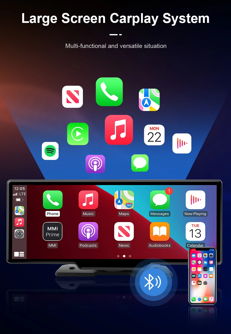 Srnubi 7/10,26 Zoll kabelloser Carplay-Bildschirm für Auto, Android Auto Dash Cam 4K Auto DVR, 1080P Rückfahrkamera, Navigationsvideorecorder, AUX – Detail 9