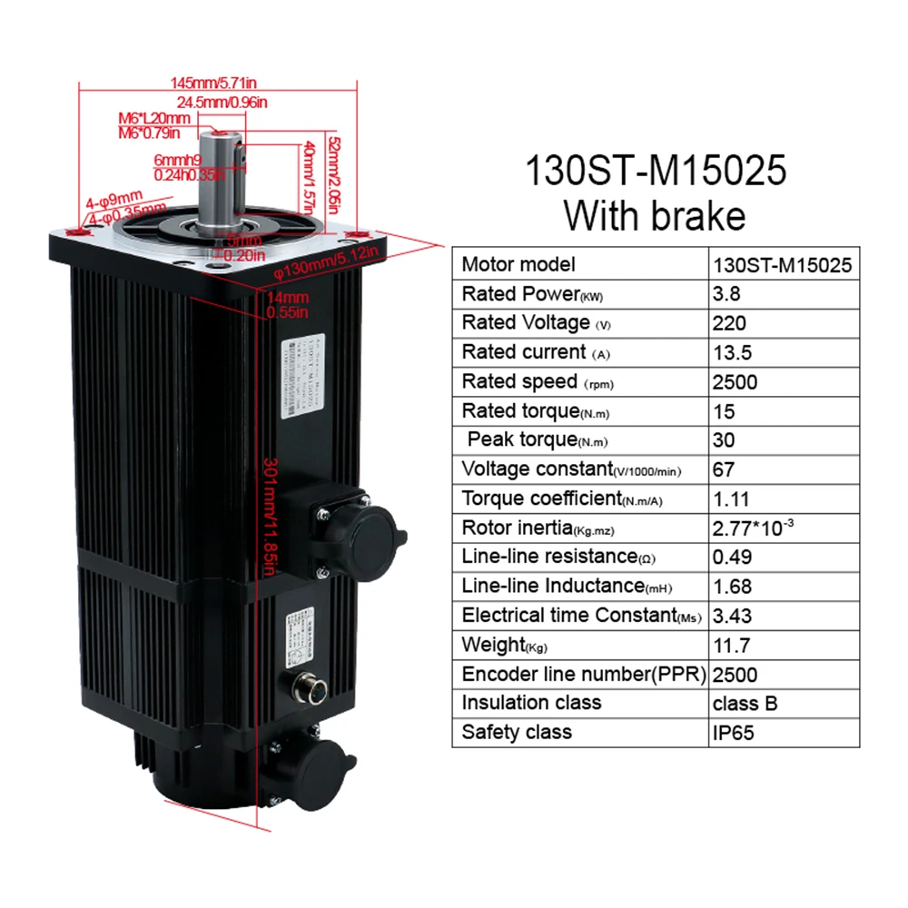 3.8kw Servo Motor 130ST-M15025 15Nm  Servo Drive RS485 AC220V 380v  3M Cables Encoder 2500PPR  Speed 2500-3000RPM For CNC