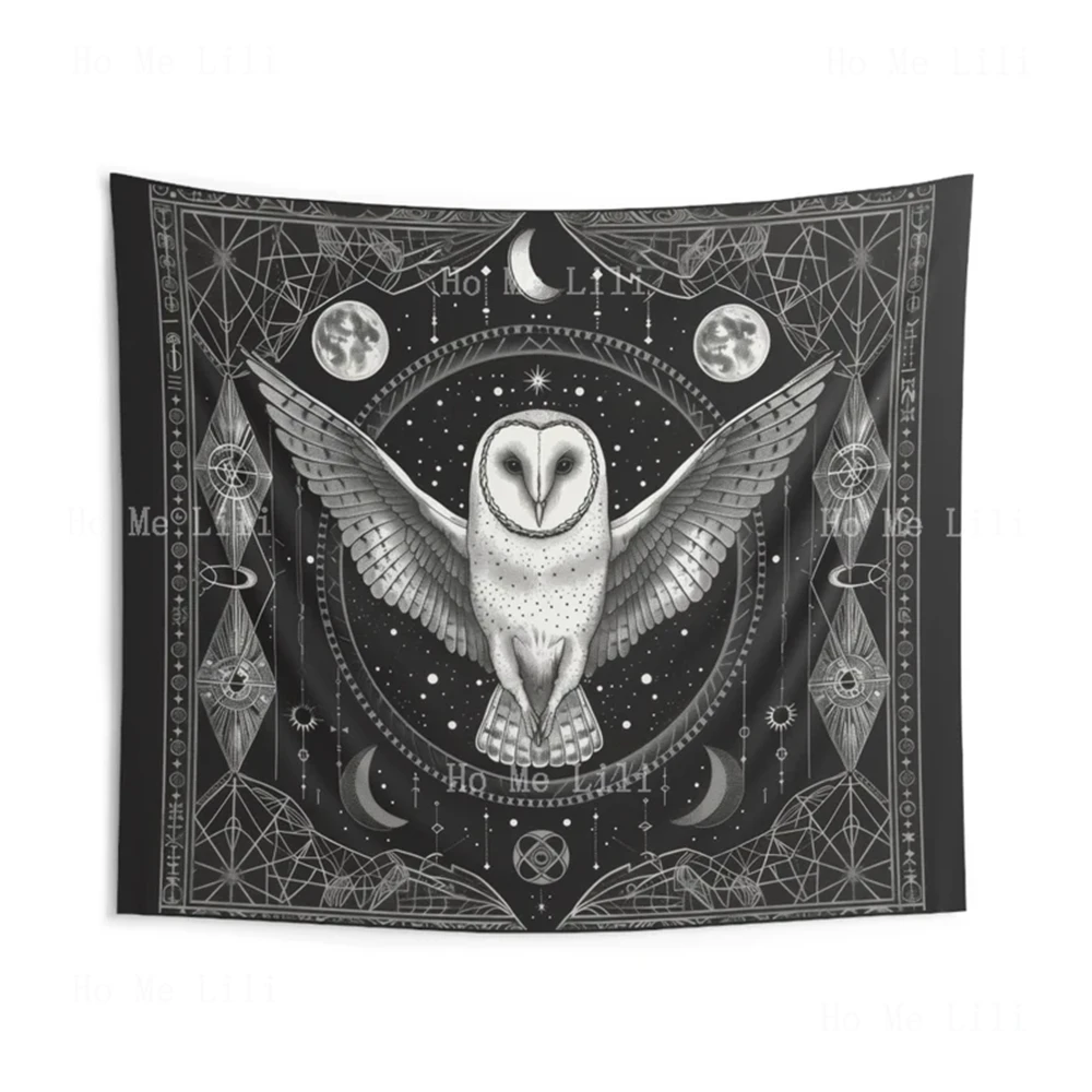 White Barn Owl Wall Tapestry Dark Occult Design Sacred Geometry Aesthetic Enchanting Bedroom Livingroom Decor