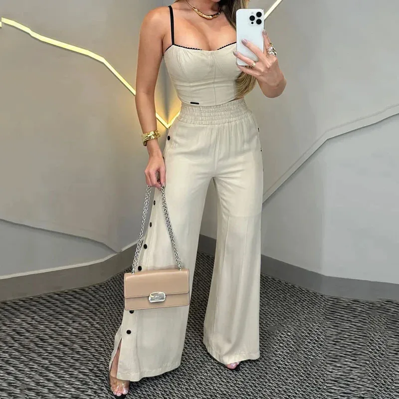 

Women 2 Piece Sets Sling Top Wide Leg Pants Ensemble Sleeveless Tops Elastic Waist Trousers Sexy Outfits 2025 Casual Suits