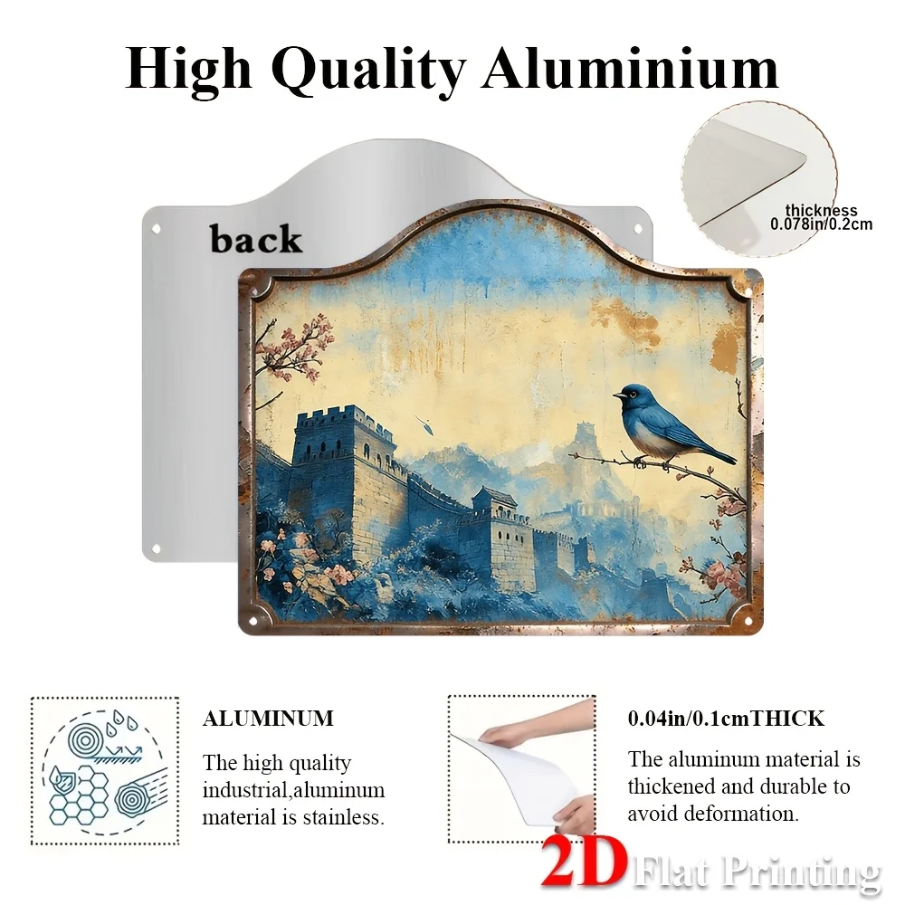 1pc 2D Flat Sign Artwork Showcasing The Great Wall And A Blue Bird, Ideal For Decorating Your Home, Office, Or Café