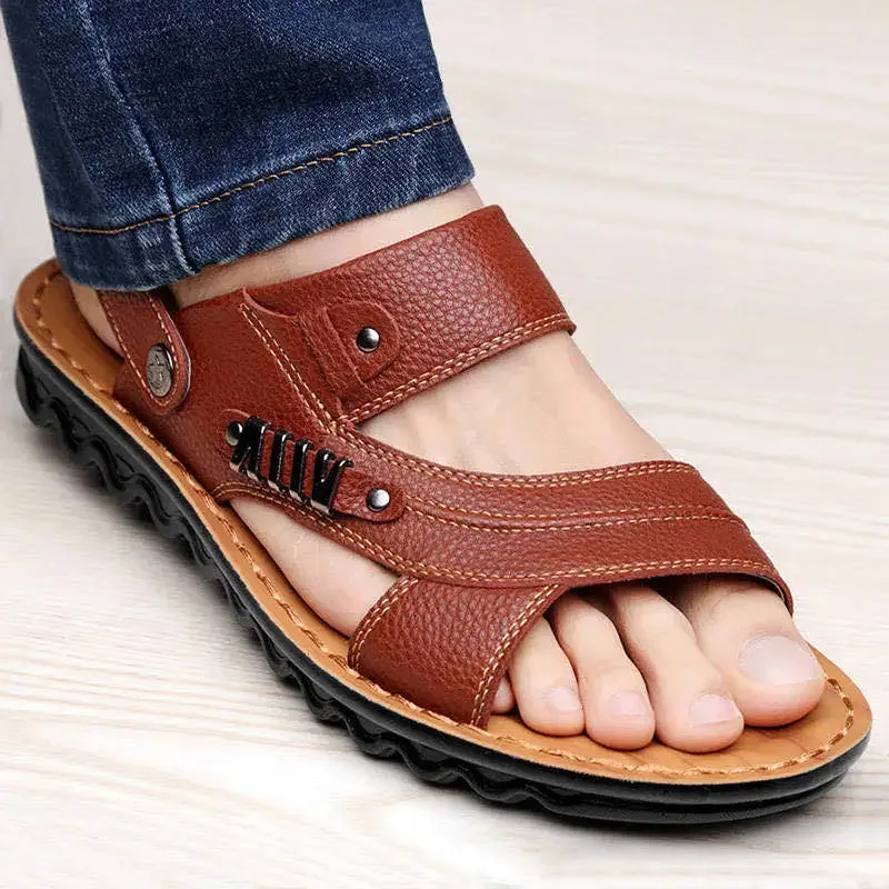 Sandalias de cuero genuino para hombre, zapatos de playa, calidad de vaca, antideslizantes, transpirables, dos usos