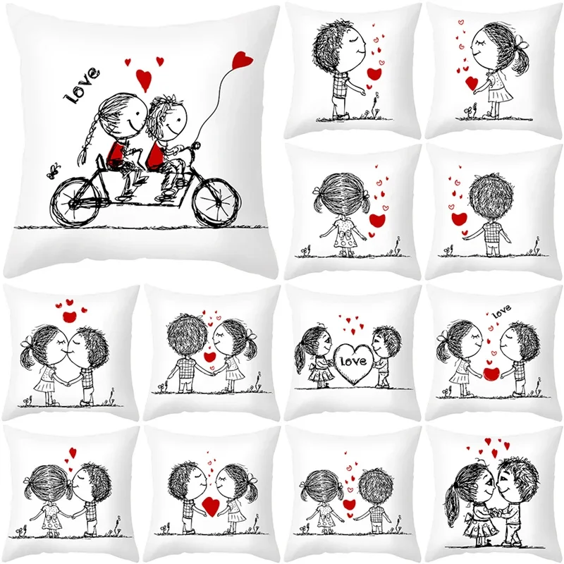 

Cute Romantic Love Couple Valentine's Day Print Soft Square Pillowslip Polyester Cushion Cover Pillowcase Living Room Home Decor