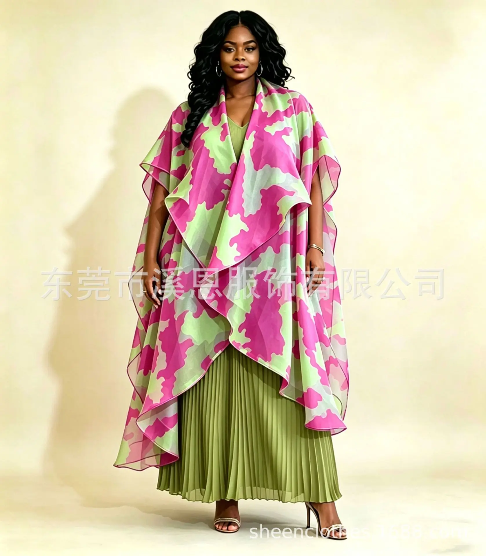 Miyake Fashion Pleated Short-sleeved Top + Wide-leg Trousers + Printed Outer Three-piece Plus Size Women's Suit