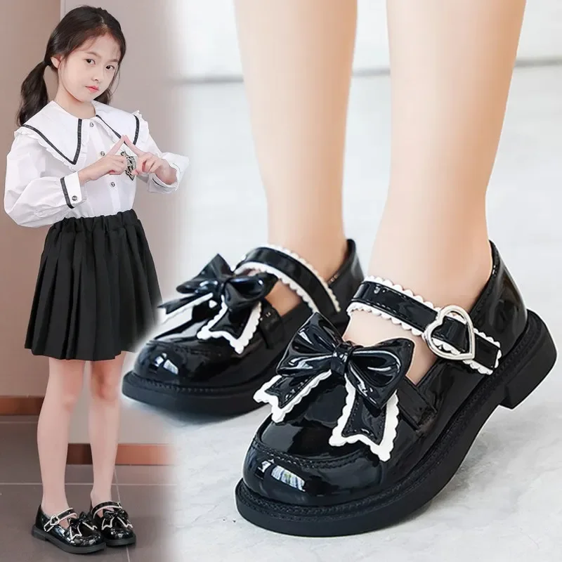 Girl Leather Shoes 2024 New Spring Fashion Bow Tie Kids Princess School Shoe Flat Heels Children\'s Dresses Shoe Black Size 27-37