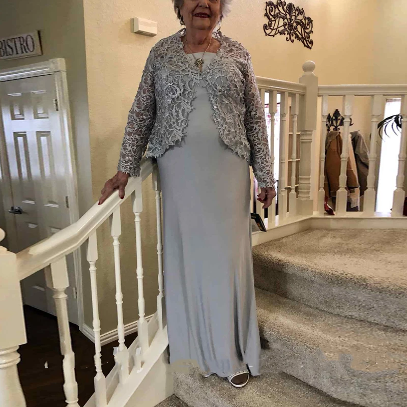 Silver Mother of the Bride Dress with Lace Jacket Long Sleeve Floor Length Column Formal Weddiing Party Gowns Plus Size Custom