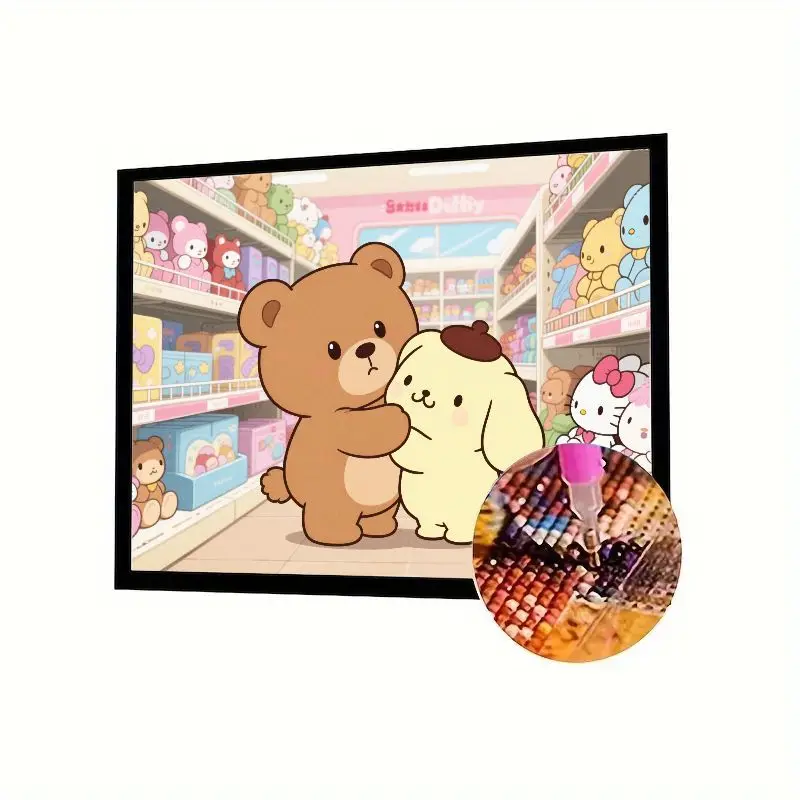 

1 шт., 5D DIY, полный круглый дрель, набор для алмазной живописи, милый мультяшный медведь и помпон, обнимающий в магазине игрушек Sanrio, Kawaii Ani