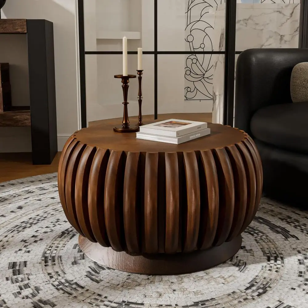 

ern Wood luted Round Coee Table - Handcrat Drum Coee Tables with Sturdy Base, Contemporary Style Small Circle Coee Table Tea Tab