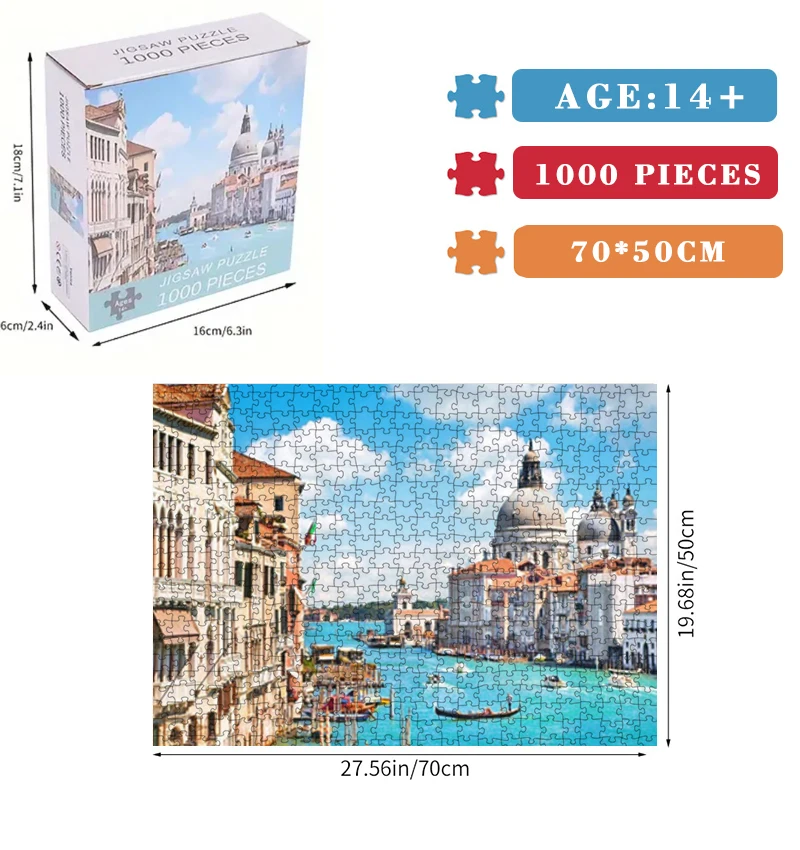 70cm*50cm 1000pcs Fanous Landscape Puzzle Venice Jigsaw Puzzle Adult Stress Relief Beautiful Photo Puzzle Home Wall Decor