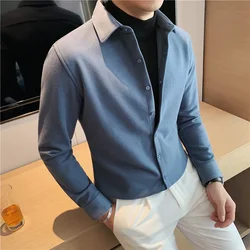 2024 Autumn Winter New Fashion Fake 2 Pieces Shirts Men Woolen Thicken Long Sleeve Slim Casual Shirt Formal Social Warm Blouses
