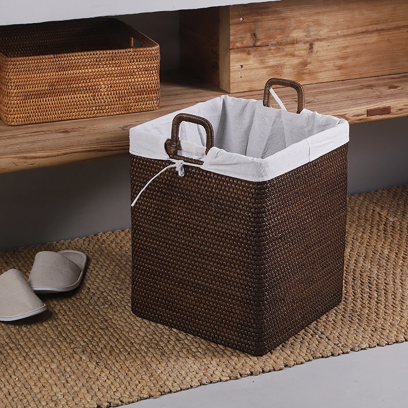 Japanese Dirty Clothes Basket Handmade Vine Weaving Storage Baskets Multifunctional Sundries Case Convenient Handle Sorting Box