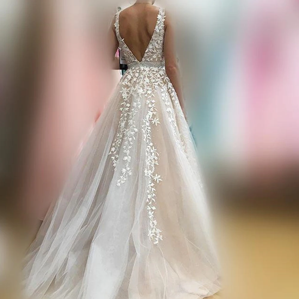 MANRAY Elengant Deep V Neck Lace Applique with Beaded Belt A-Line Prom Dresses Long 2023 Backless Graduation School Party Gown