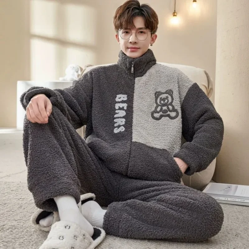 Adolescent Pajamas Cartoon Autumn and Winter Thickened Coral Fleece Fattened  Flannel Loungewear Set Zipper Loveliness Underwear