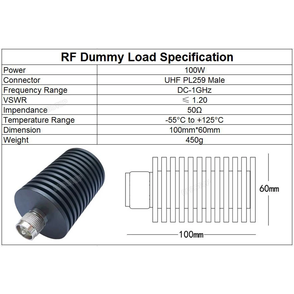 100W UHF PL259 Male Plug Connector RF Coaxial Termination Dummy Load 1GHz 50ohm Nickel Plated RF Accessories