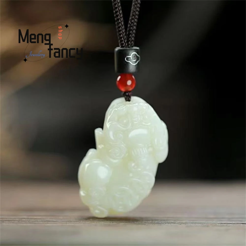 Natural Hetian Jade Pixiu Pingente, Convidando Fortuna, Jóias requintadas da moda, elegantes mascotes simples de alto grau, joias finas, presente de férias