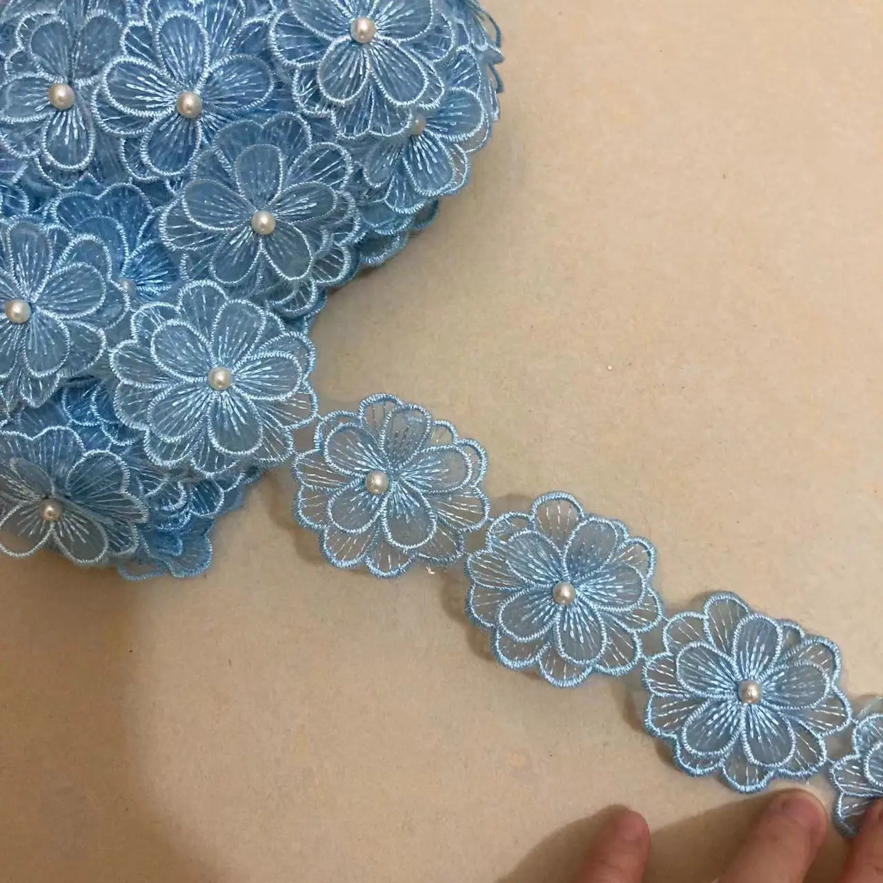 1 yard Blue Pearl Beaded Embroidered Flower Lace Ribbon Trim Floral Applique Patches Fabric Sewing Craft Vintage Wedding Dress