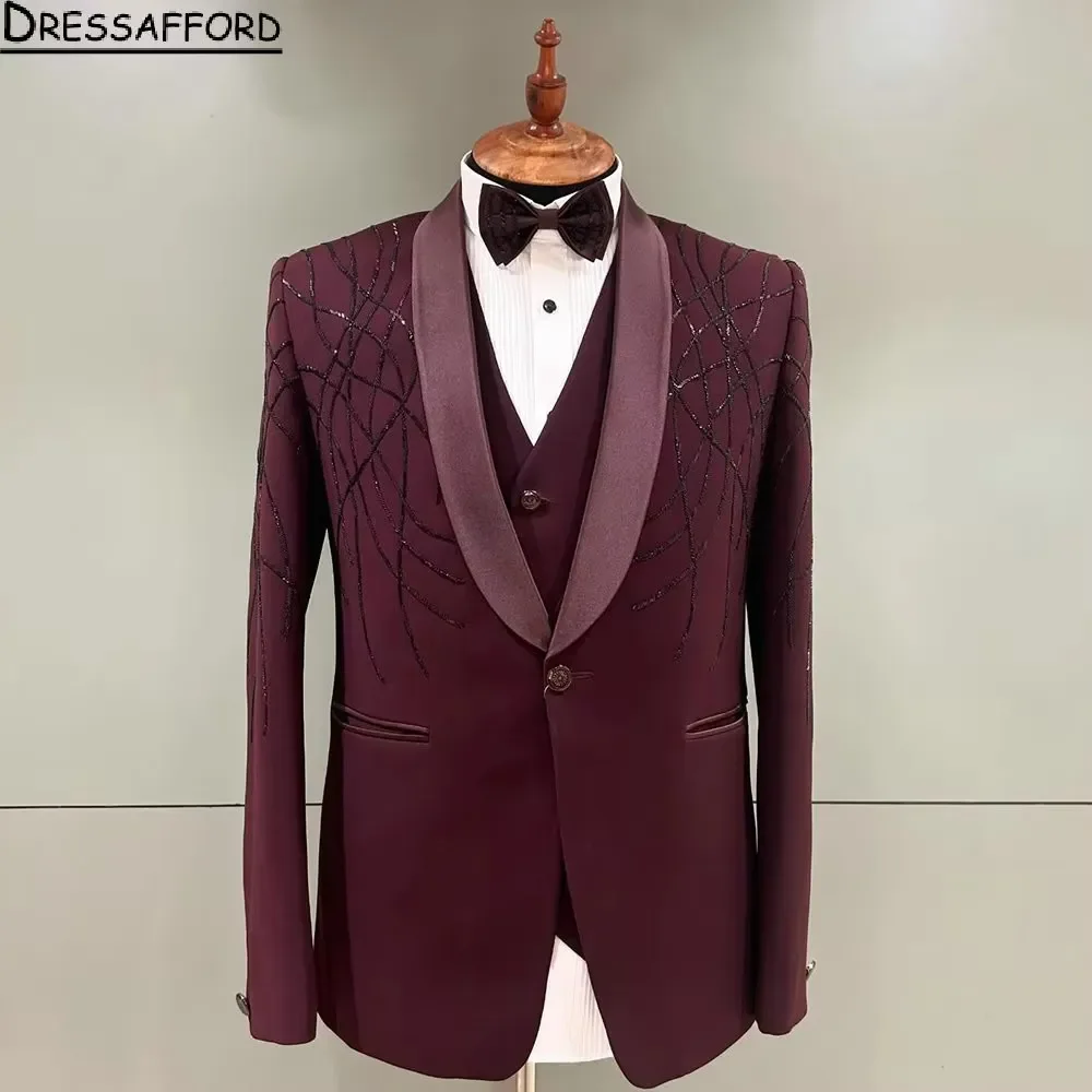 Burgundy 3 Pieces Groom Wedding Tuxedos Beading Crystal Formal Suits Men Custom Made Black Prom Blazer Sets Male Fashion
