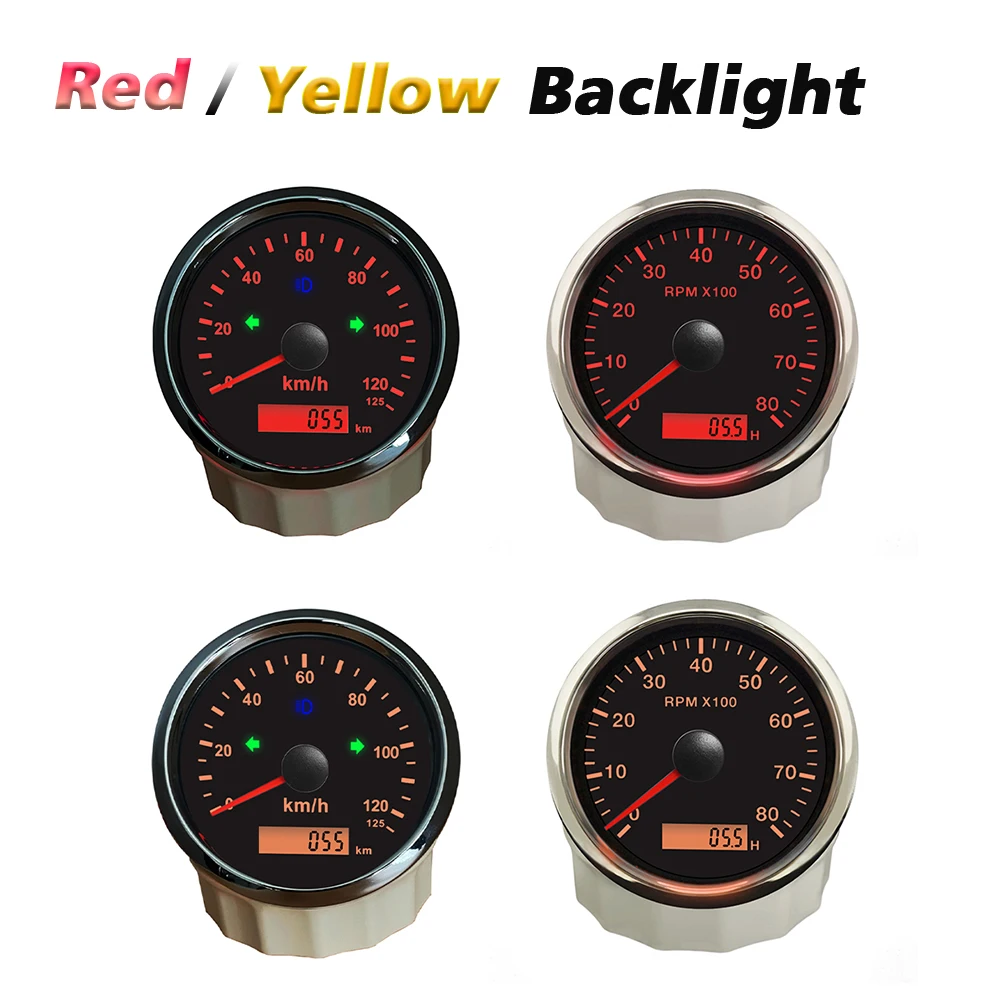 

2 Gauge Set 85mm 200KM/H 0-125/200MPH GPS Speedometer + 8000/12000RPM Tachometer with Red Yellow Backlight for Car Boat Yacht