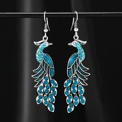 Vintage Temperament Ethnic Peacock Earrings for Women Elegant Drop Oil Rhinestone Silver Color Dangle Earring Party Jewelry