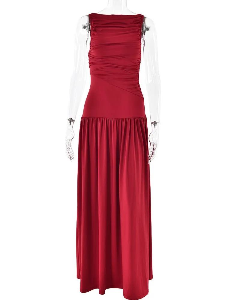 Fashion Solid Color Slim Party Evening Dresses Women Temperament Folds Bodycon Sleeveless Long Dress Elegant Lady Club Vestidos