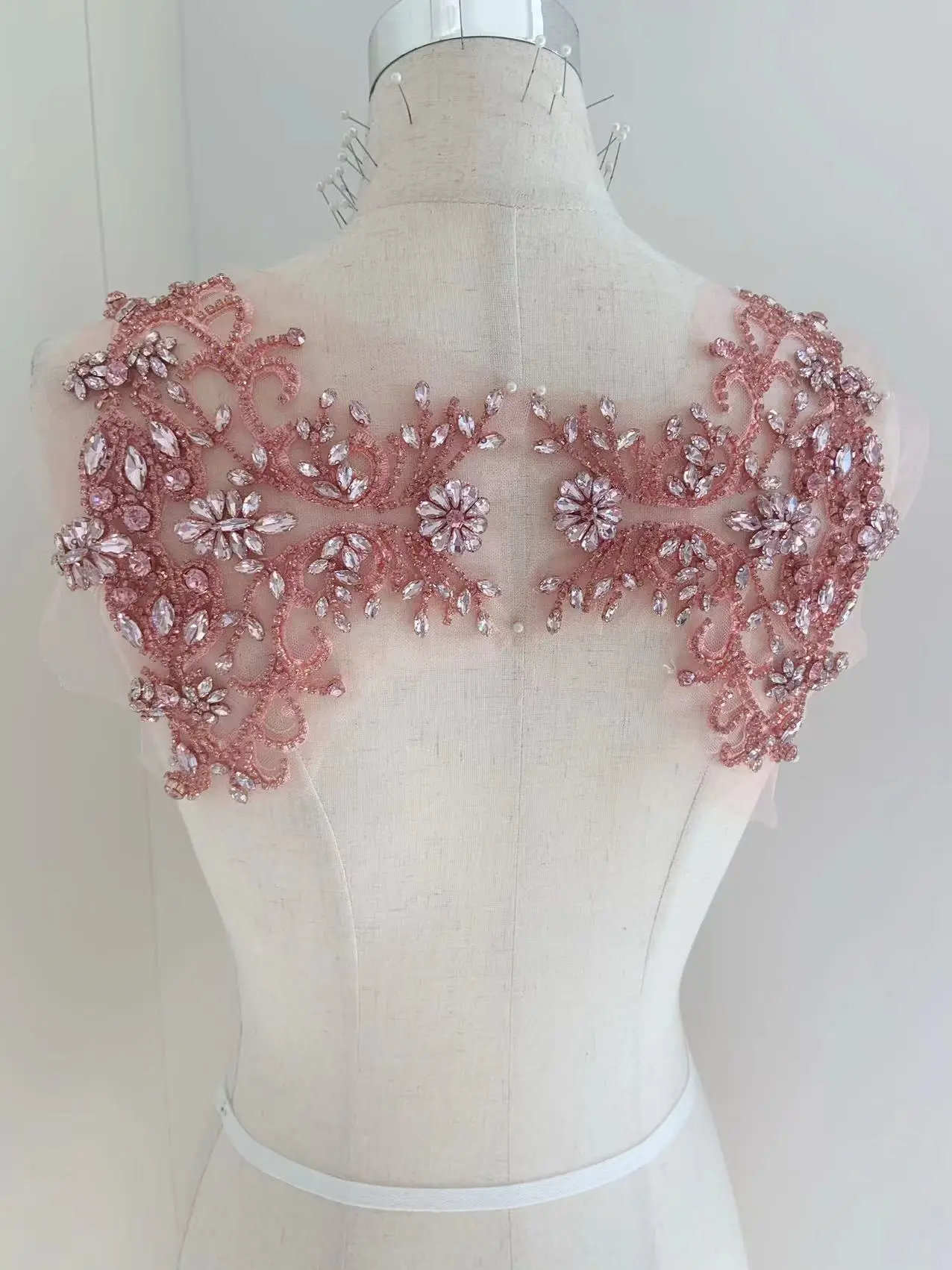 

Pink Diamond Rhinestone Applique 3D Sparkle Bead Butterfly Crystal Bodice Patch for Haute Couture,Bridal Cape,Shoulder Nacklace