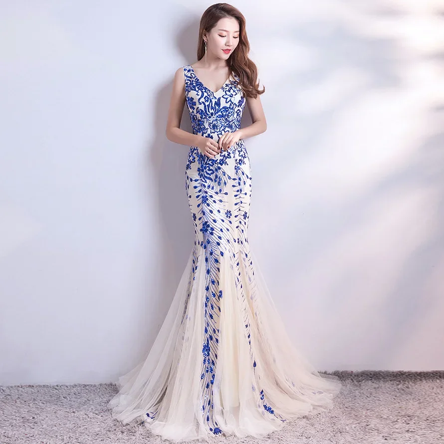 

Beauty-Emily V Neck Tulle Sequins Appliques Evening Dresses Long Split Formal Dress Pleated Party Gowns 2020 Vestido de noche