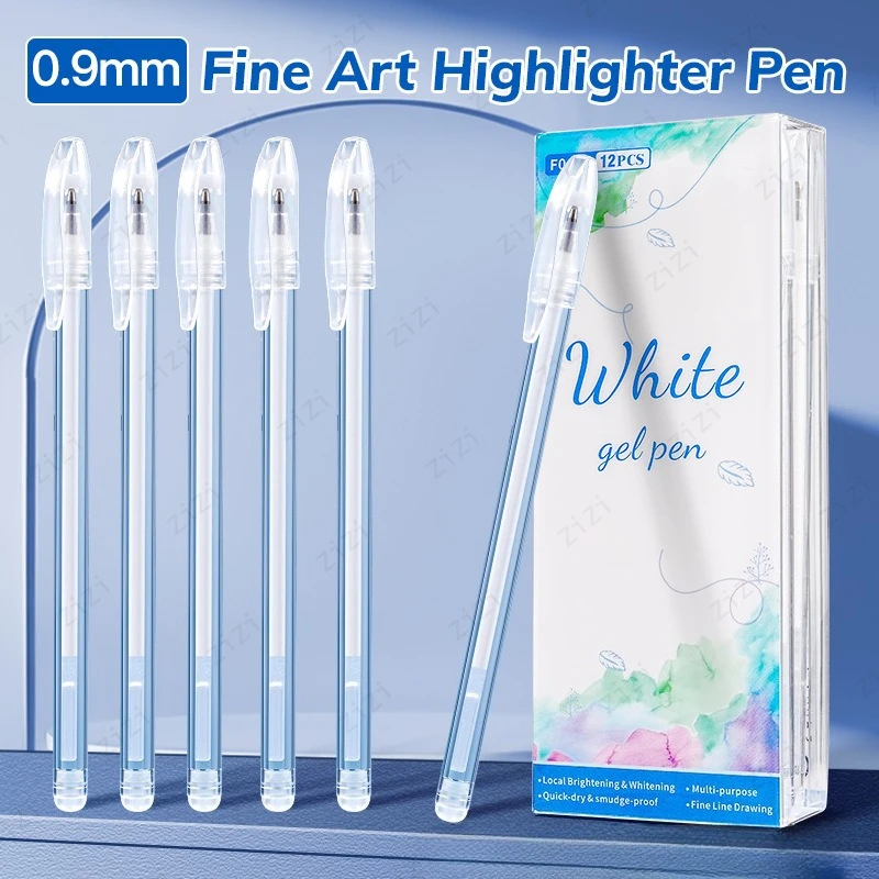 

12PCS/SET 0.9mm White Highlighter Pen Quick Drying Anti Scratch Fine Line Drawing Pen for Art Students Student Art Drawing Pen