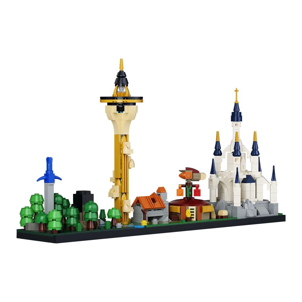 MOC Zeldaed Skyline Modello Building Blocks Hyrule Castello Tempio SheikahTower Spada laser Foresta Architettura Mattoni Giocattolo Regalo