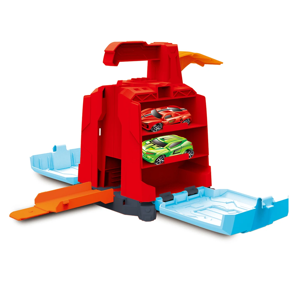 Kids Car Garage Playset, ABS Portable Storage Case With Dual Launch Track, 2 Random Race Cars Included.