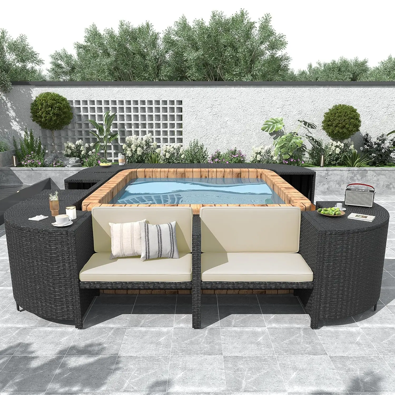 

Pool Surround Spa Surround, Quadrilateral Outdoor Rattan Sectional Sofa Set with Sofa, Wood Seats and Storage, Customized