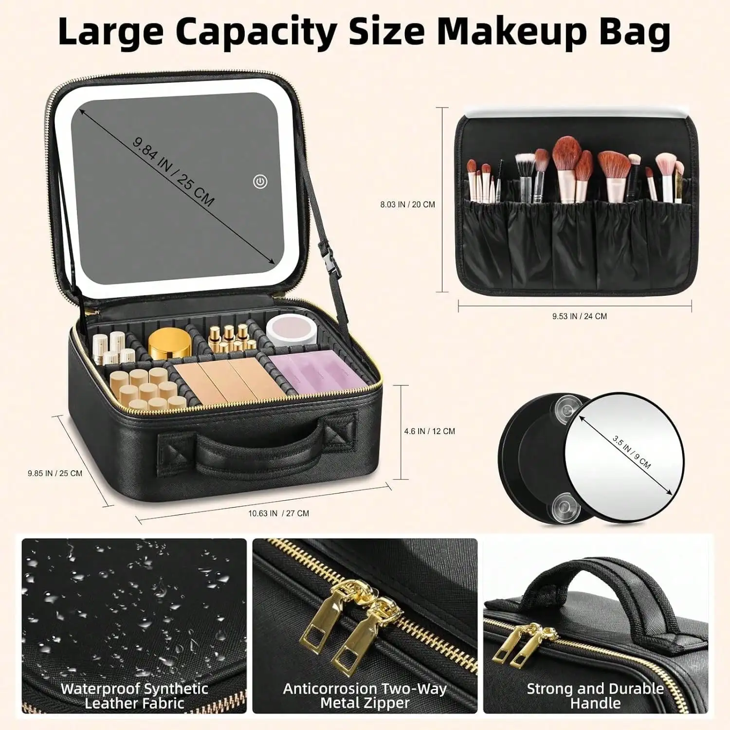 Travel Makeup Bag With Mirror, Cosmetic Train Case With Mirror, Portable Makeup Artist Organizer Bag With Adjustable Dividers, Makeup Brush Holder Storage