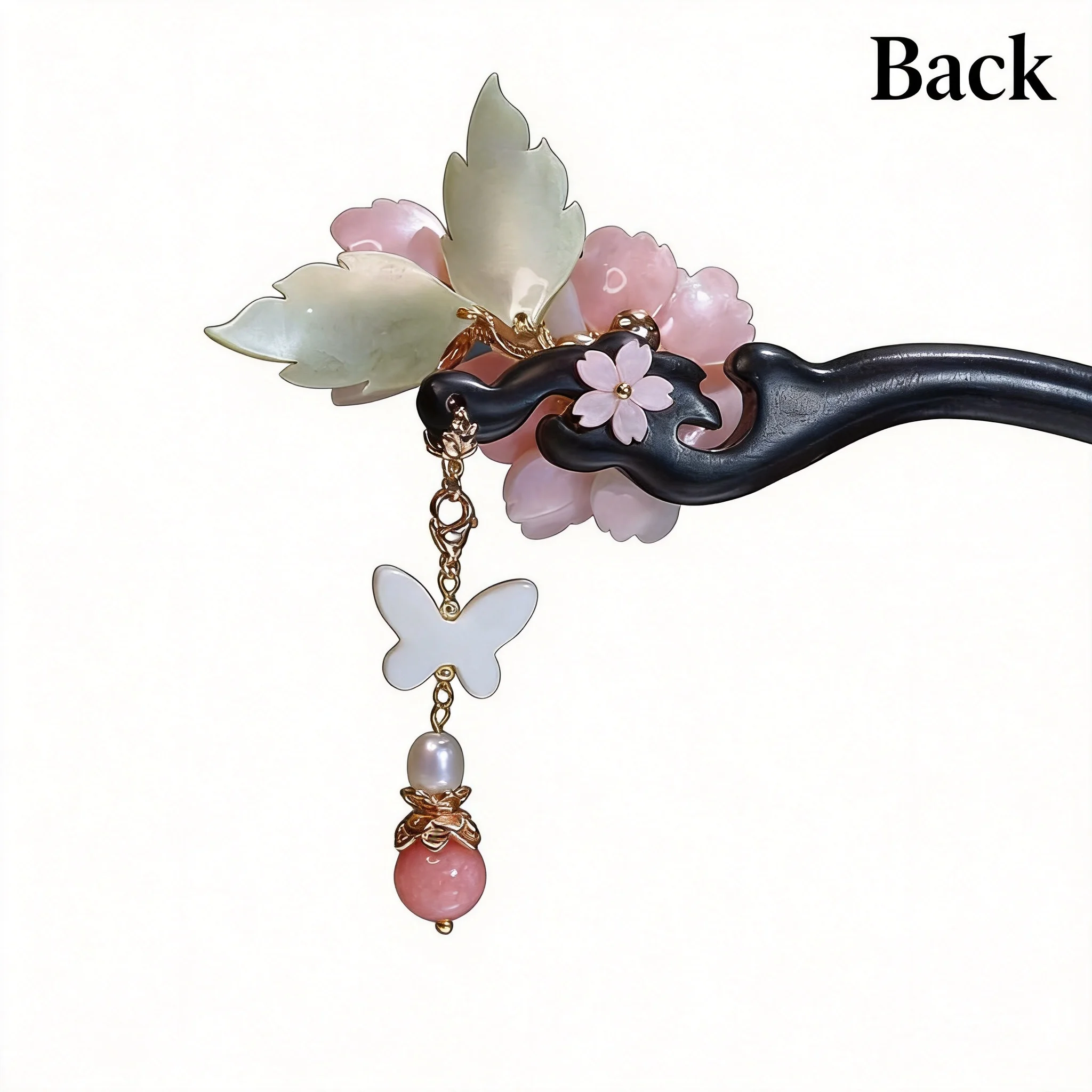 Chinese Auspicious Ebony Hair Stick Handmade Peony Flower Detachable Tassel Butterfly Pearl Pendant Lucky Hairpin For Hanfu Cheo