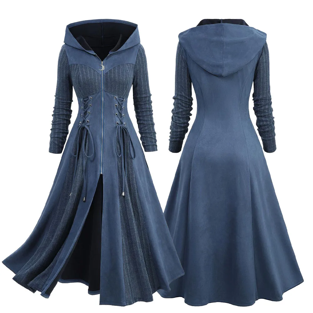 ROSEGAL Plus Size Hooded Coats Women's Autumn Winter Lace Up Grommets Zip Up Ribbed Textured Marled Patchwork Outwears Coat
