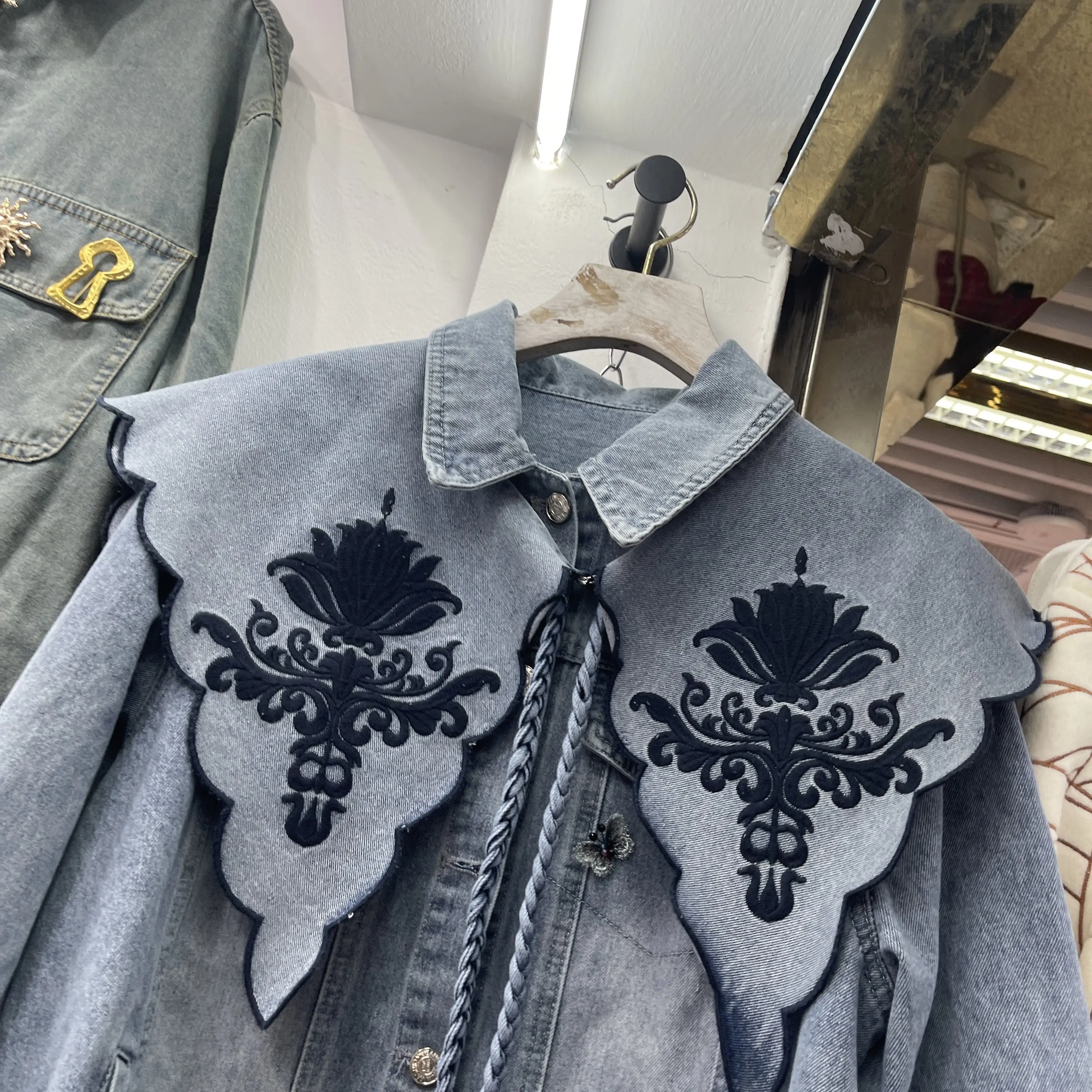 2026 New Spring Vintage Embroidery Turn-down Collar Women Blouses Elegant Single-breasted Loose Long Sleeve Denim Cardigans Top