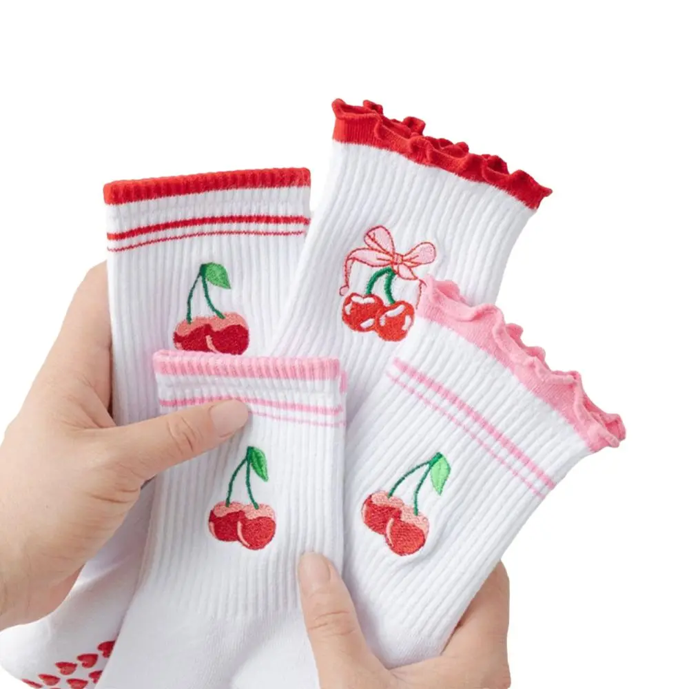 

Новые хлопковые носки для пилатеса Harajuku Street, впитывающие пот носки с вышивкой вишни, нескользящие повседневные носки для йоги