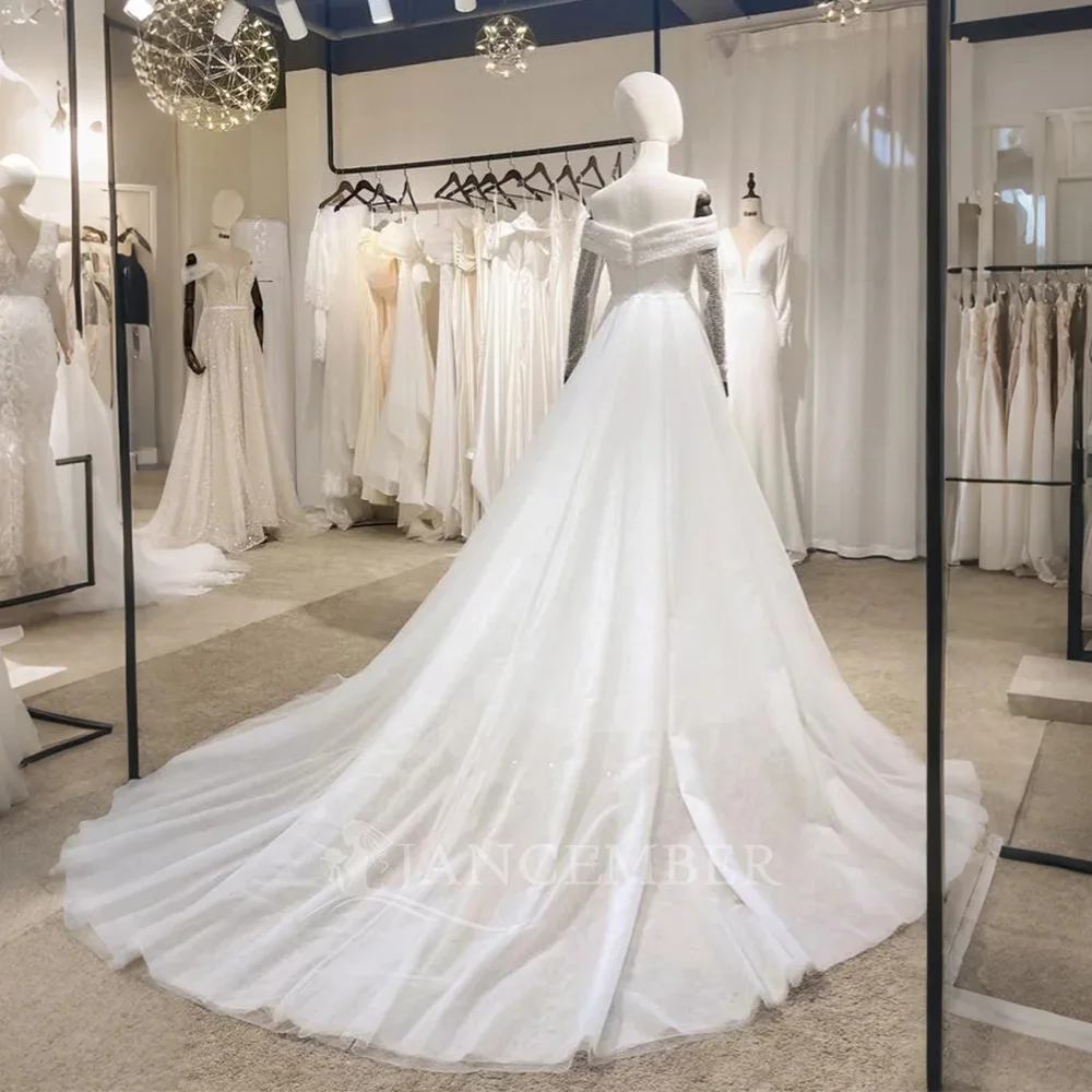 Elegant Women Wedding Dresses Bright Bridal Princess Gowns Boat Neck Mopping Length Women vestidos de novia boda Customized