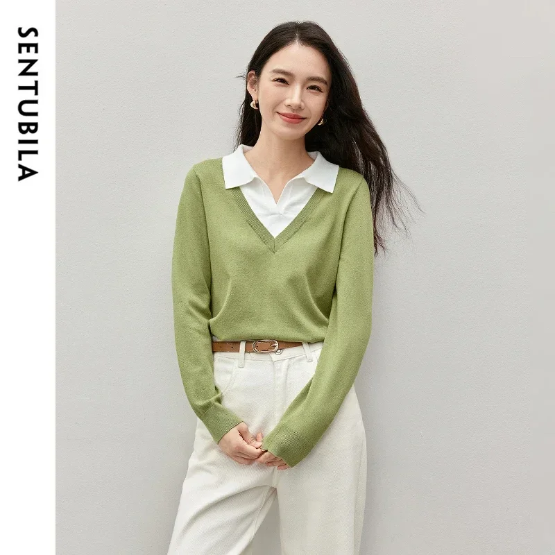 SENTUBILA Spliced Knitted Pullovers for Women 2024 Autumn Fashion Turn Down Collar Patchwork 2 in 1 Tops Odzież damska W43H57272