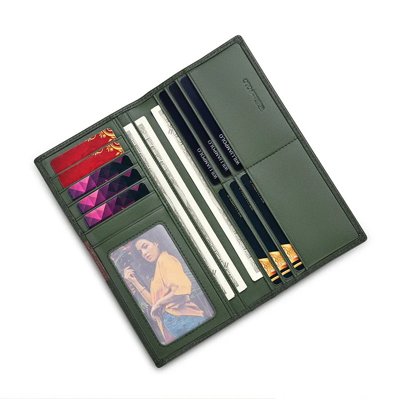 Slim & long leather wallet for men genuine cowhide minimalist design RFID blocking coin pocket multi-card holder