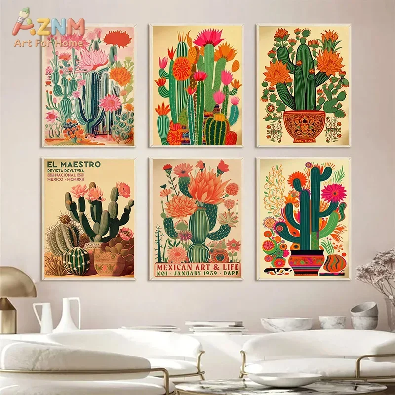 AZNM Vintage Mexican Cactus Flower Canvas Print Retro Desert Floral Botanical Boho Southwest Home Wall Poster Unframed Decor Art