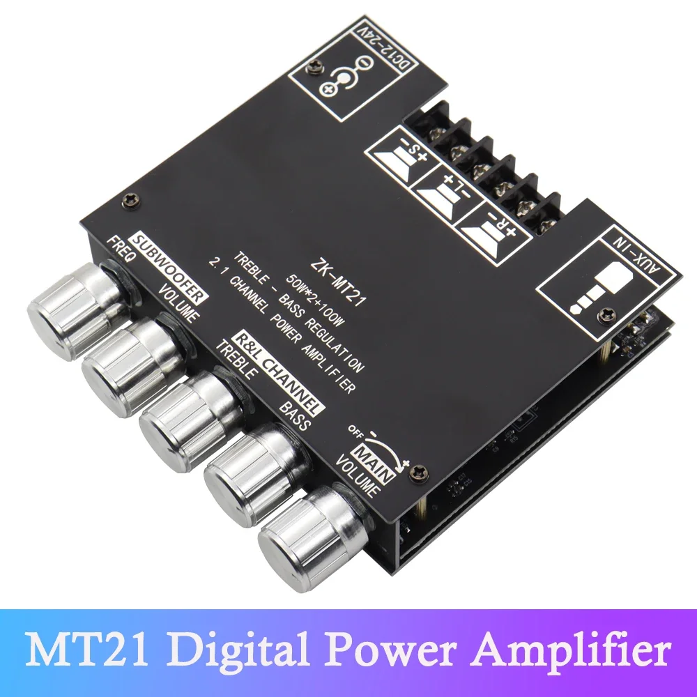 

MT21 Digital Power Amplifier Board 2x50W+100W 2.1 Channel Subwoofer AUX 12V 24V Audio Stereo Bluetooth 5.0 Bass Amplifier