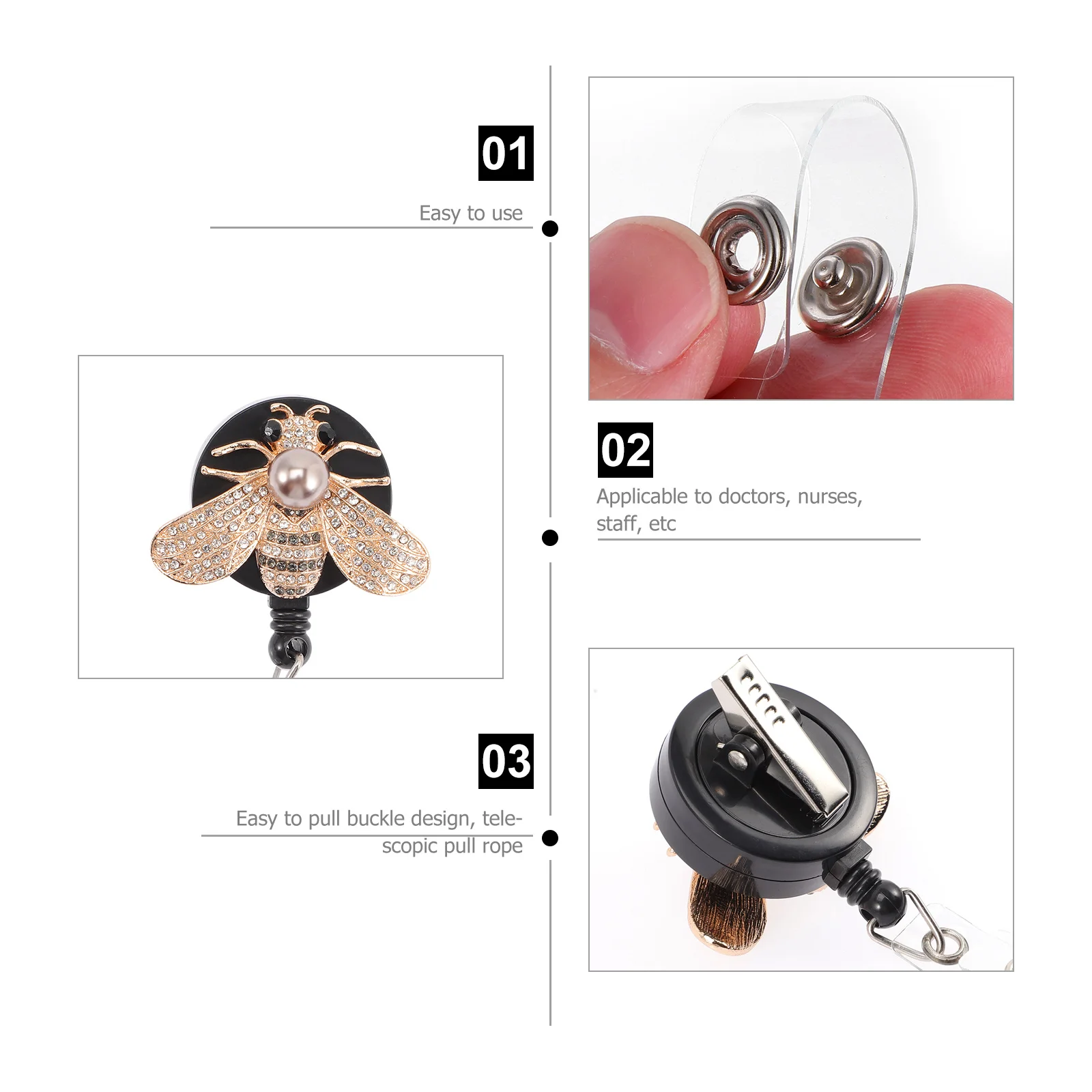 Bee Badge Rhinestone Reel Holder Retractable Metal Clip Nursing Id Card Key Chain Clip Practical Stylish Badge Holder