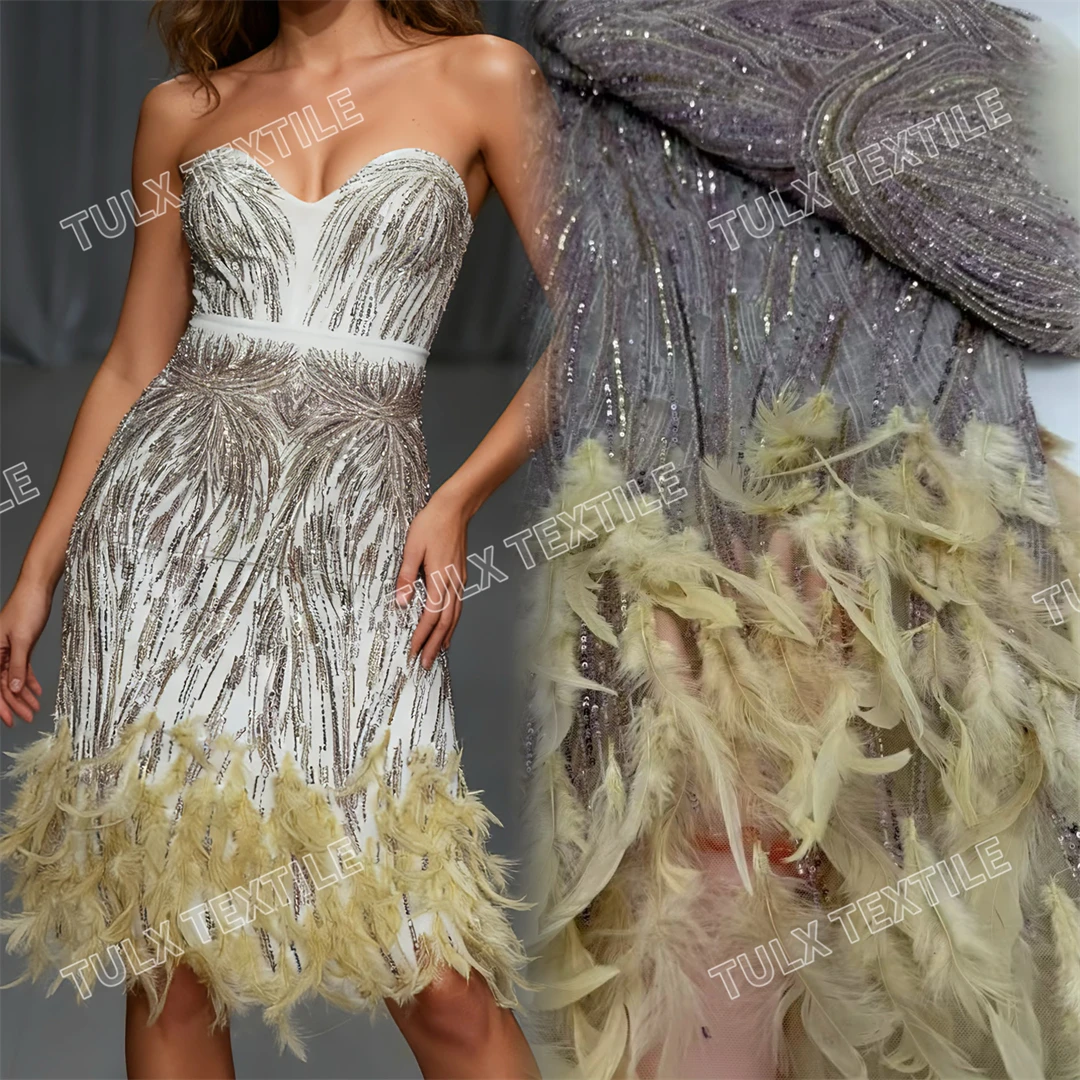 

Top Sale New Fashion Luxury African Nigerian 3D Feathers Sequins Mesh Lace Elegant French Beads Net Lace For Wedding Party Dress