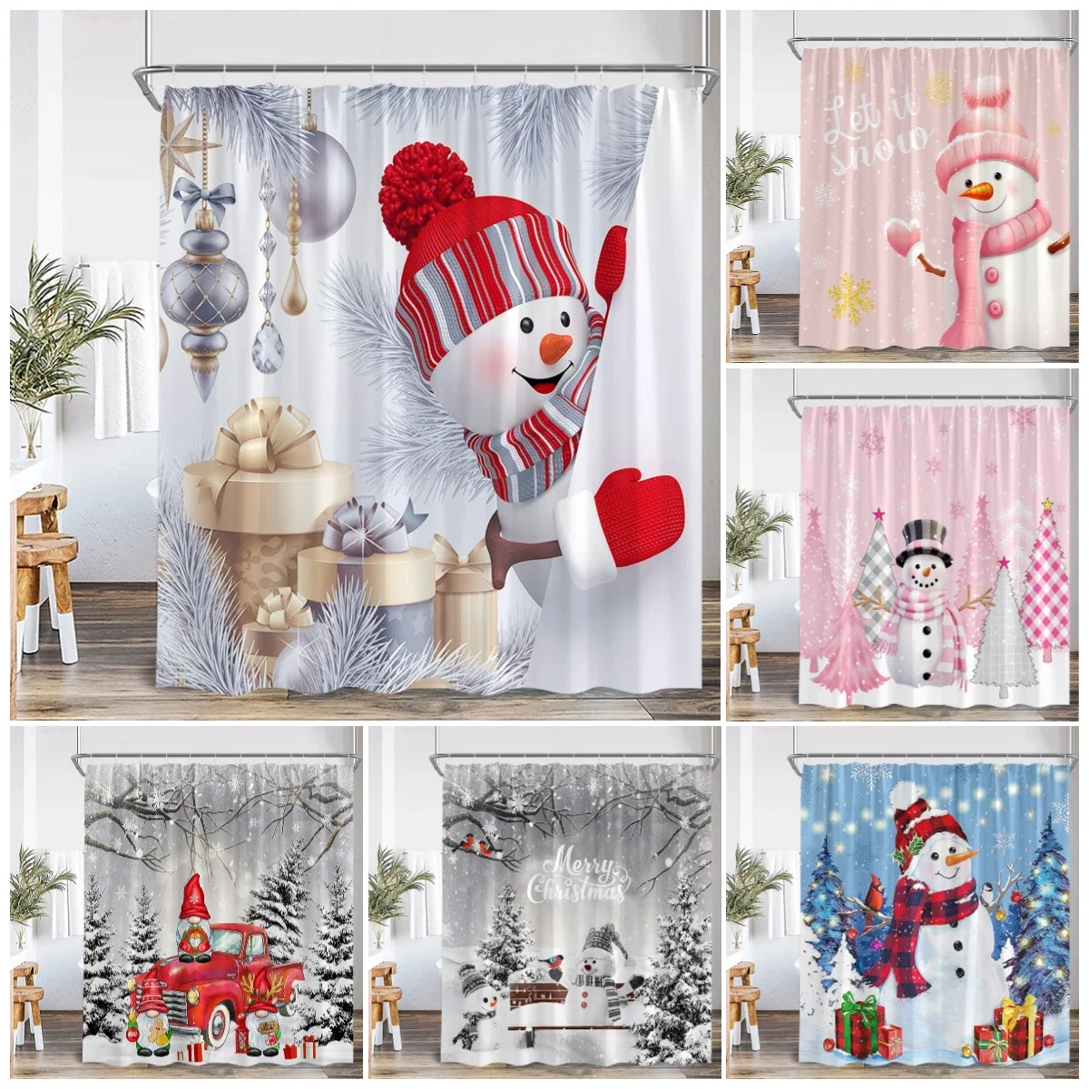 

Funny Snowman Shower Curtain Silver Pine Branches Winter Forest Cedar Red Truck Elf Christmas Bath Curtains Home Bathroom Decor