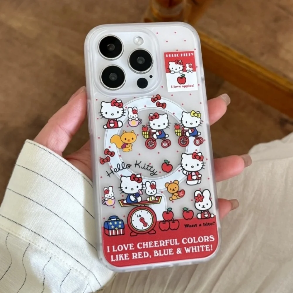 

iPhone 16Pro Hello Kitty Cat Magnetic Stand Phone Case For iPhone 16 15 14 13 Pro Max For Magsafe Bracket Transparent Cover