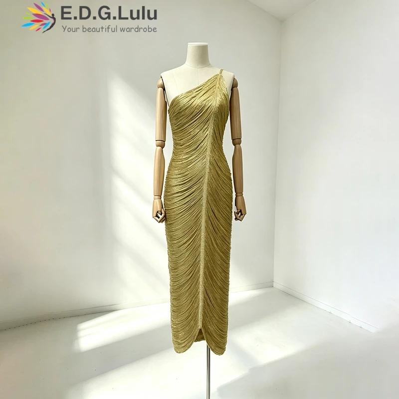 EDGLuLu Asymmetric Collar One Shoulder Long Dresses For Women Sexy Backless Golden Shiny Tassel Birthday Dress 0629