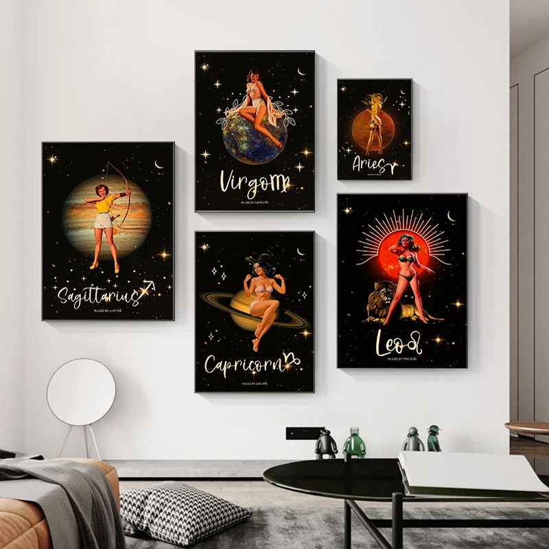 Virgo Sagittarius Capricorn Aries Sexy Girl Posters Zodiac Signs Canvas Painting Prints Wall Art Picture for Living Room Decor