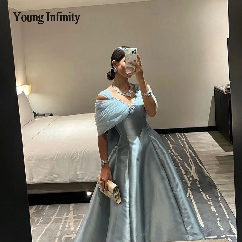 New V Neck Prom Dress 2024 Off Shoulder Blue Ankle Length Sleeveless Burgundy Long Evening Party Gown Holiday Saudi Arabia Woman