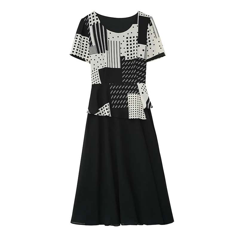 เดรสชีฟองลำลองสไตล์วินเทจสำหรับผู้หญิง ประดับผ้าแบบแพทช์เวิร์ค หรูหราสง่างาม เหมาะสำหรับใส่ทำงานหรืองานพรอม ทรงเข้ารูป สีดำ ชิค ยาวปานกลาง รุ่นซัมเมอร์ 2025