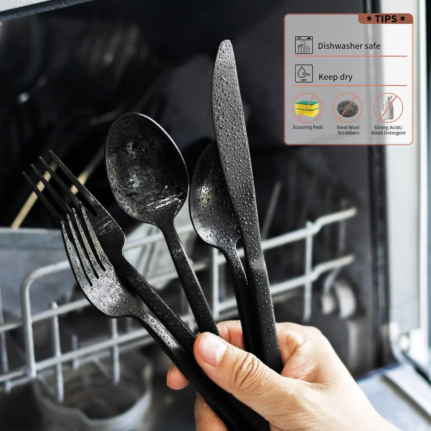 Cube Matte Black 40-Piece Flatware Set, Forged Cutlery Set, Service for 8, Stainless Steel Tableware with Square Handle for Home view 4